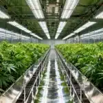 Cultivo interior de Cherry AK Fast Version con plantas en floración bajo luces LED en sala de cultivo profesional.