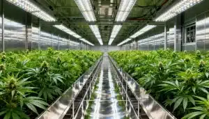 Cultivo interior de Cherry AK Fast Version con plantas en floración bajo luces LED en sala de cultivo profesional.