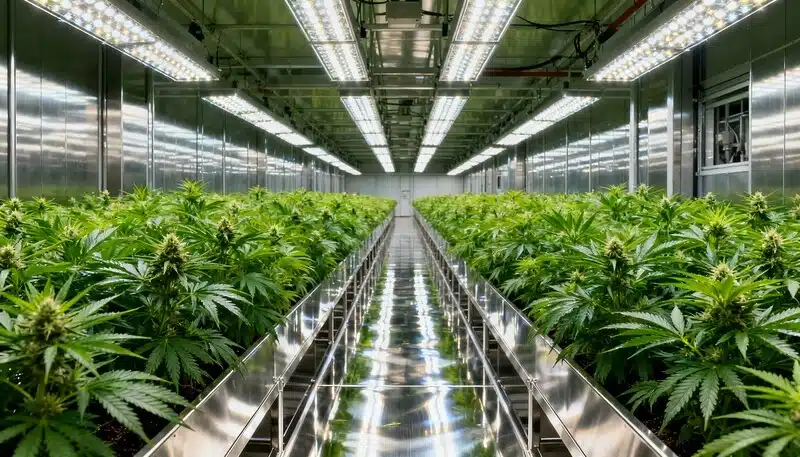 Cultivo interior de Cherry AK Fast Version con plantas en floración bajo luces LED en sala de cultivo profesional.