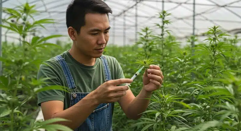 Extracción de savia en planta de cannabis para medir Brix en invernadero, momento clave del día para evaluar niveles de azúcares con precisión.