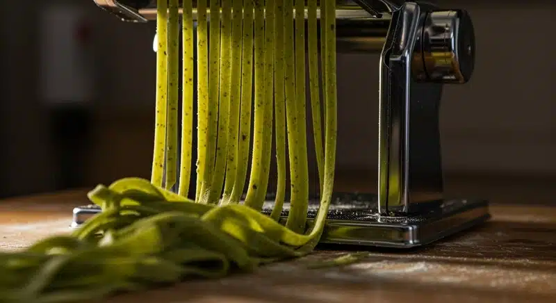 Elaboración de pasta fresca con harina de cannabis, destacando su color verde natural y textura elástica. Este tipo de harina se utiliza para enriquecer recetas con proteínas vegetales, fibra y un perfil nutricional más completo.