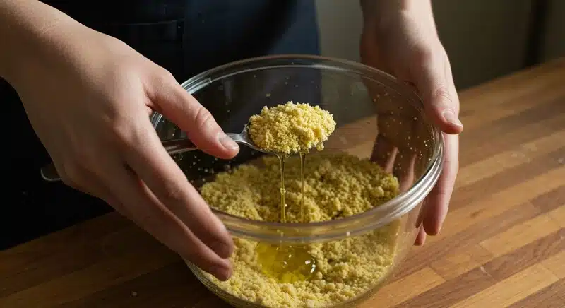 Preparación de polvo de aceite de cannabis mediante técnicas culinarias que transforman grasa en textura sólida. Este formato permite integrar aceites en platos sin aportar humedad, mejorando control y presentación.