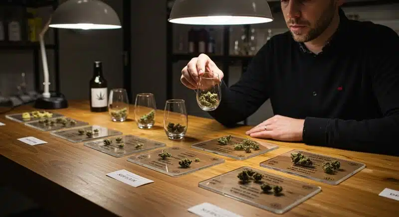 Evaluación de cogollos de cannabis en laboratorio para analizar azúcares con refractómetro, comparando muestras para determinar calidad.