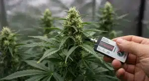 Medición de Brix en cogollo de cannabis para evaluar absorción de nutrientes.