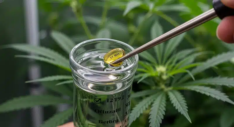 Medición de Brix en una muestra líquida utilizando un instrumento de precisión. Estas lecturas reflejan la actividad metabólica de la planta y su capacidad para sintetizar terpenos y flavonoides.