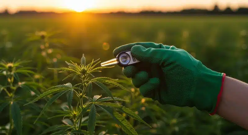 Medición de savia en planta de cannabis con refractómetro portátil, evaluando niveles de Brix directamente en cultivo para controlar la calidad.