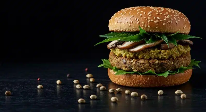 Hamburguesa vegetal con cáñamo aportando textura y proteínas.