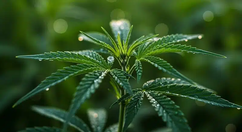 Hoja de cannabis con gotas de agua: planta sana y alto potencial de Brix.