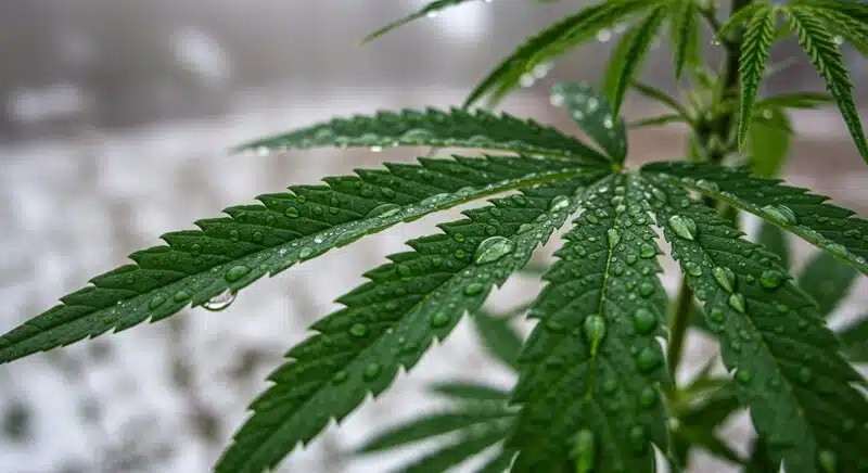 Critical Bilbo hojas de cannabis con gotas de agua.