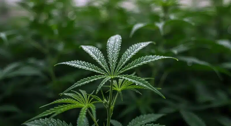 Condiciones climáticas Brix: hojas de cannabis con rocío.