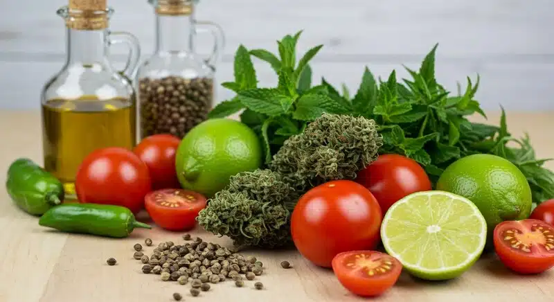 Ingredientes naturales como tomates, lima, hierbas frescas y semillas de cáñamo listos para preparar tabulé. Este plato combina proteínas vegetales, grasas saludables y un perfil nutricional equilibrado ideal para recetas funcionales.