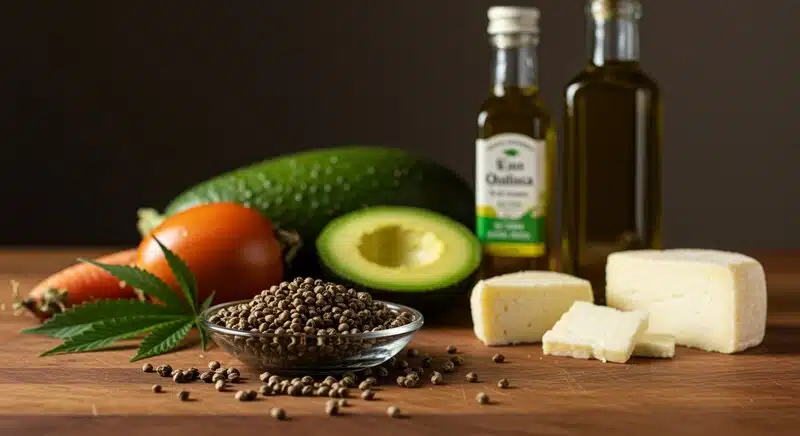 Ingredientes para pesto de cannabis con semillas, aceite de oliva y hojas frescas.