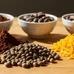 Ingredientes para barras energéticas de cannabis con semillas, cacao y frutos secos.