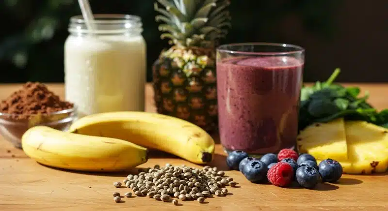 Selección de frutas frescas, leche vegetal y semillas de cáñamo para preparar smoothies equilibrados. Esta combinación ofrece un perfil nutricional completo con vitaminas, antioxidantes y proteínas.