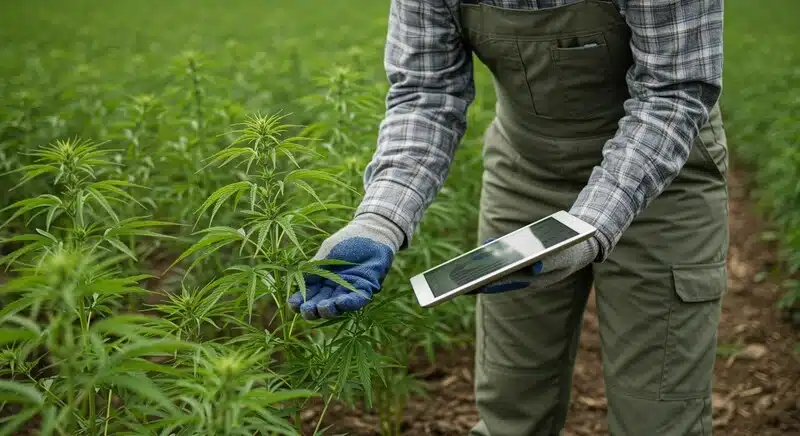 Cultivador revisando una planta de Cinderella 99 Fast Version en exterior mientras utiliza una tablet para monitoreo, reflejando control técnico del cultivo.
