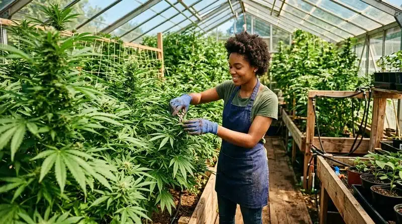 Trabajo en cultivo de cannabis en invernadero, mostrando prácticas que pueden afectar la precisión al medir Brix si no se aplican correctamente.