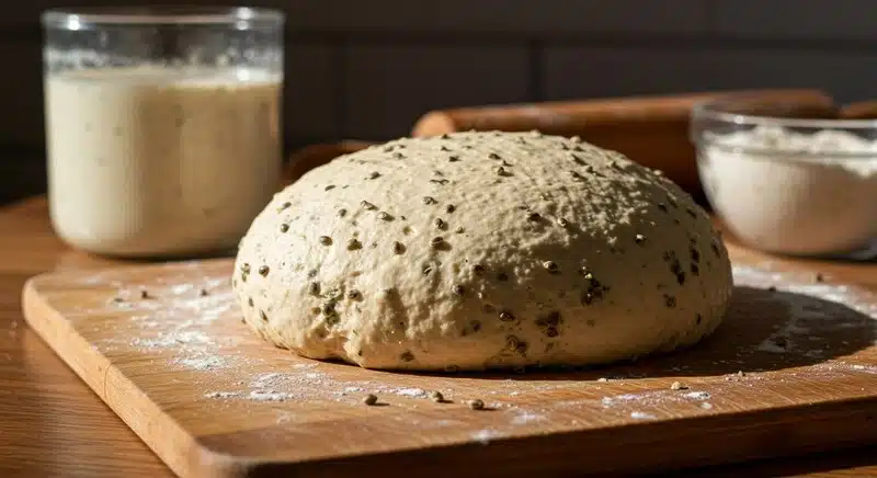Masa madre con semillas de cáñamo en fermentación para pan artesanal.