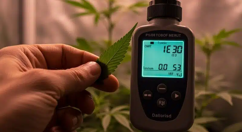 Calibración de refractómetro digital en cultivo de cannabis, ajustando medición Brix en hoja para obtener lecturas precisas de azúcares.