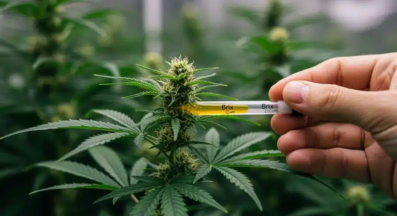 Uso de refractómetro en una flor de cannabis para medir niveles de Brix en fase final. Estas lecturas permiten estimar la calidad de la cosecha en función de la acumulación de azúcares y la eficiencia metabólica de la planta.