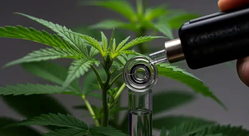Medición de Brix en hoja de cannabis con refractómetro, clave para evaluar cómo la fotosíntesis impacta en la producción de azúcares y salud de la planta.