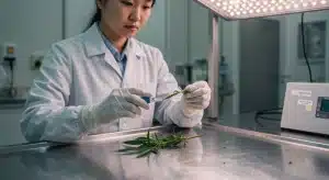 Laboratorio: extacción de savia y medición Brix en hojas de cannabis.