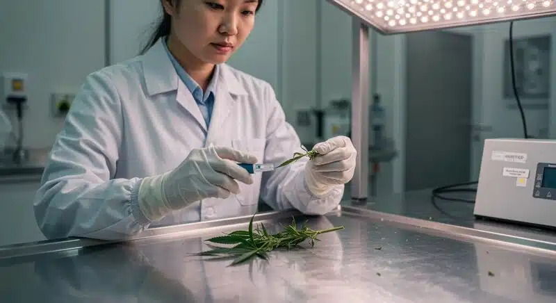 Laboratorio: extacción de savia y medición Brix en hojas de cannabis.