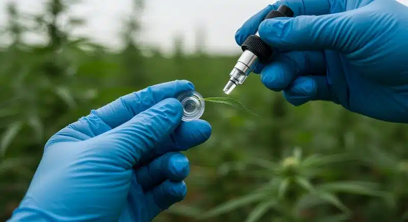 Refractómetro midiendo Brix en planta de cannabis en cultivo orgánico exterior, controlando calidad y equilibrio nutricional.
