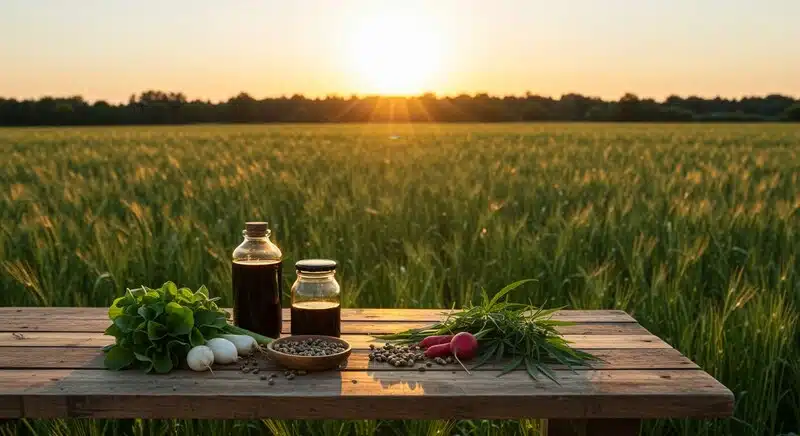 Ingredientes con cáñamo en cocina gourmet al aire libre con productos frescos.