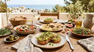 Mesa con platos variados incorporando semillas de cáñamo en dieta mediterránea.