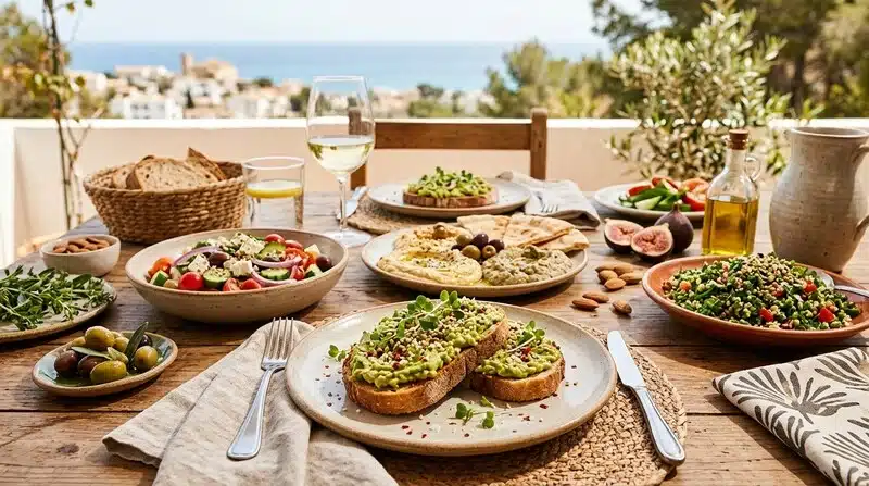 Mesa con platos variados incorporando semillas de cáñamo en dieta mediterránea.