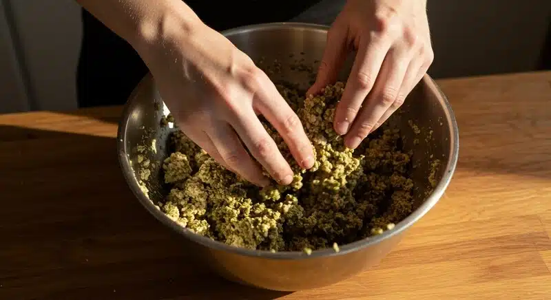 Preparación de masa con cáñamo en un bol, utilizada para crear texturas en recetas como hamburguesas, albóndigas o rellenos. El cáñamo actúa como aglutinante natural y mejora la consistencia final del plato.