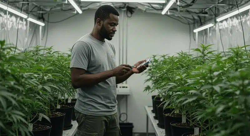 Medidor de Brix en planta de cannabis mostrando nivel bajo indicador de carencias.