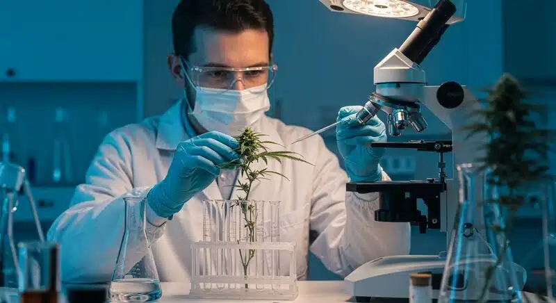 Técnico analizando una planta de cannabis en laboratorio, evaluando parámetros que pueden relacionarse con lecturas de Brix como salud celular, absorción de nutrientes y eficiencia metabólica. 