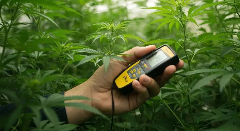 Medición de Brix en cannabis con refractómetro digital para optimizar la fertilización.