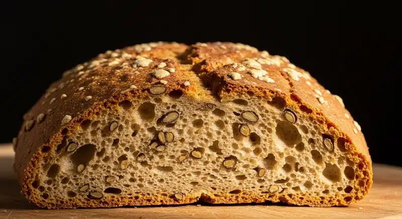 Pan artesanal de masa madre con semillas de cáñamo, mostrando una miga aireada y corteza dorada. La incorporación de cáñamo aporta textura, sabor a frutos secos y mayor valor nutricional.