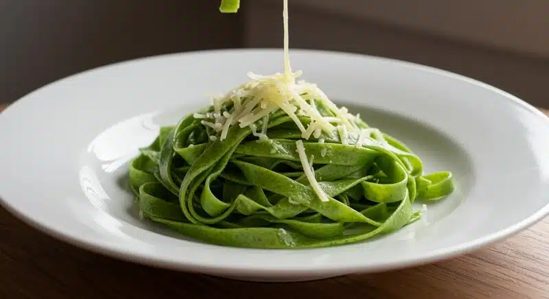 Plato de pasta con harina de cannabis servido con queso y acabado gourmet.