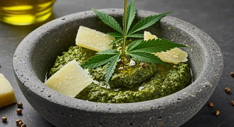 Pesto de cannabis preparado en mortero con aceite de oliva y queso, mostrando una textura cremosa y homogénea. Este tipo de elaboración permite integrar el cannabis en recetas culinarias