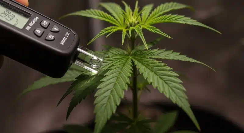 Medición de Brix en hoja de cannabis para evaluar potencial de terpenos.