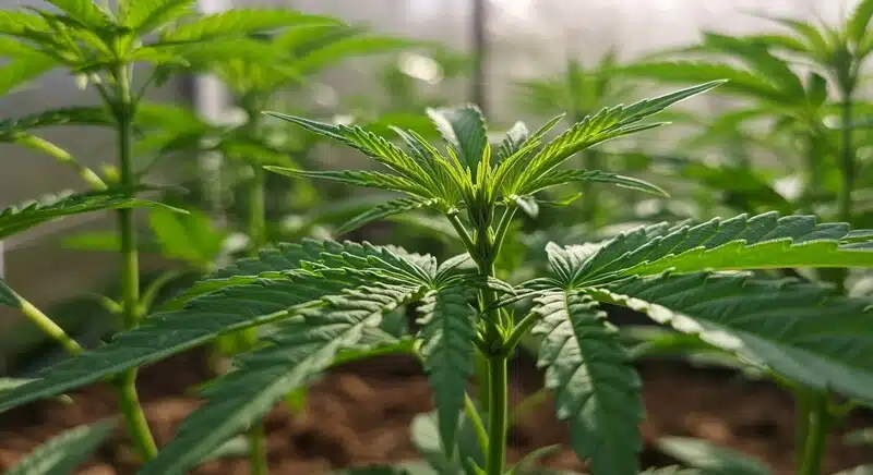 Planta de cannabis en fase vegetativa bajo luz intensa. El estrés por calor puede afectar la fotosíntesis y reducir la producción de azúcares, provocando caídas en los niveles de Brix antes de que aparezcan síntomas visibles.