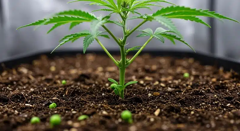 Planta de cannabis en sustrato con buen riego mostrando impacto del agua en el Brix.