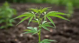 Chocolope x Candy planta joven de cannabis con hojas verdes sanas en crecimiento vegetativo.