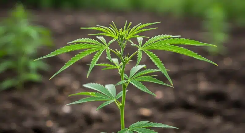 Chocolope x Candy planta joven de cannabis con hojas verdes sanas en crecimiento vegetativo.