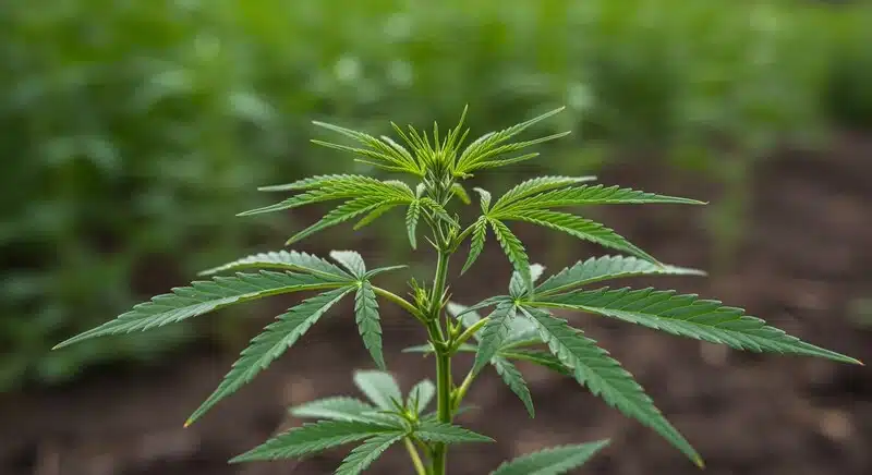 Chocolope x Kush planta joven de cannabis con hojas verdes en fase vegetativa.