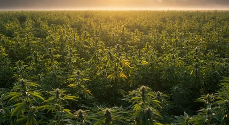 Cultivo de cannabis con hojas amarillas indicando estrés y niveles bajos de Brix.