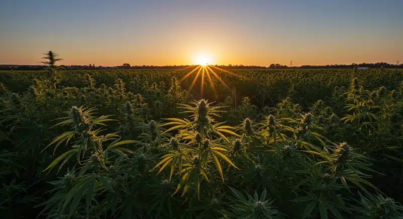 Plantación de cannabis en exterior durante el atardecer, con plantas en plena actividad fotosintética. Este contexto es clave para interpretar lecturas de Brix y ajustar la fertilización según la producción real de azúcares y el estado fisiológico del cultivo.