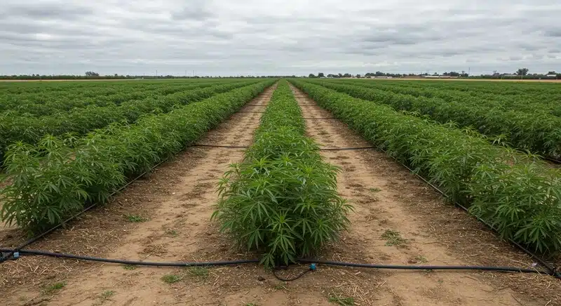 Plantación exterior de Chocolope x Kush con hileras uniformes de plantas de cannabis y sistema de riego por goteo sobre suelo seco, mostrando un cultivo organizado y saludable.