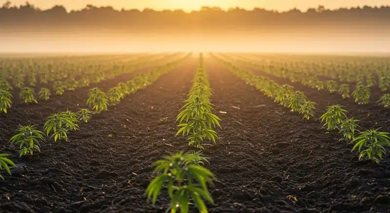 Critical 2.0 cultivo exterior cannabis plantas jóvenes en hileras.