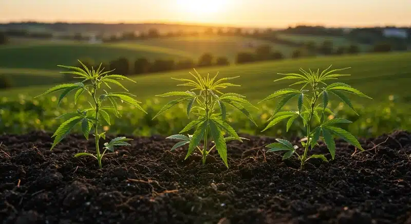 Plantas de cannabis en fase temprana creciendo en suelo rico y bien estructurado. Un entorno radicular saludable favorece la absorción eficiente de nutrientes.