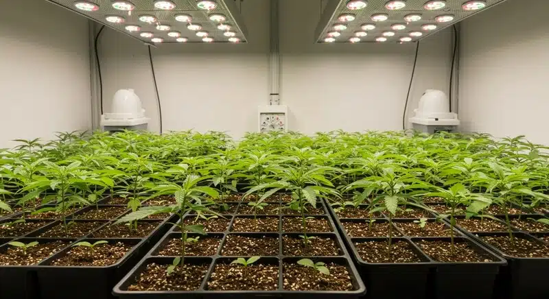 Plántulas de Chocolope Kush Regular creciendo en bandejas bajo luces LED en cultivo interior.