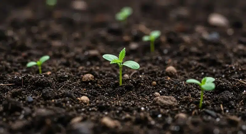 Cinderella99 x Blueberry Fast Version plántulas cannabis germinación en suelo.